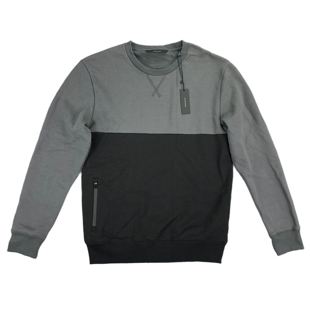 Natori Mens Isamu Tonal Colorblock Fleece Crewneck Sweatshirt Gray Black S